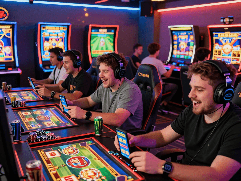 Thrilling gaming scene featuring players using RAJA328 for exciting online slots and sports betting.
