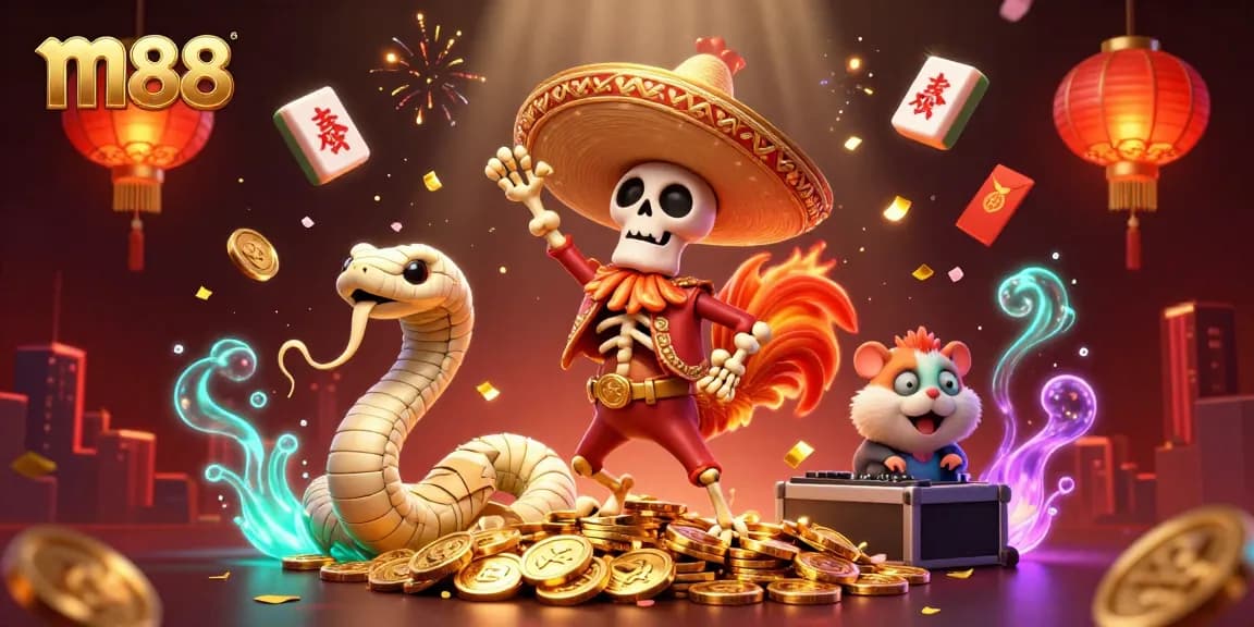 Celebrate wins with m88's vibrant casino scene featuring festive characters and dynamic game elements.