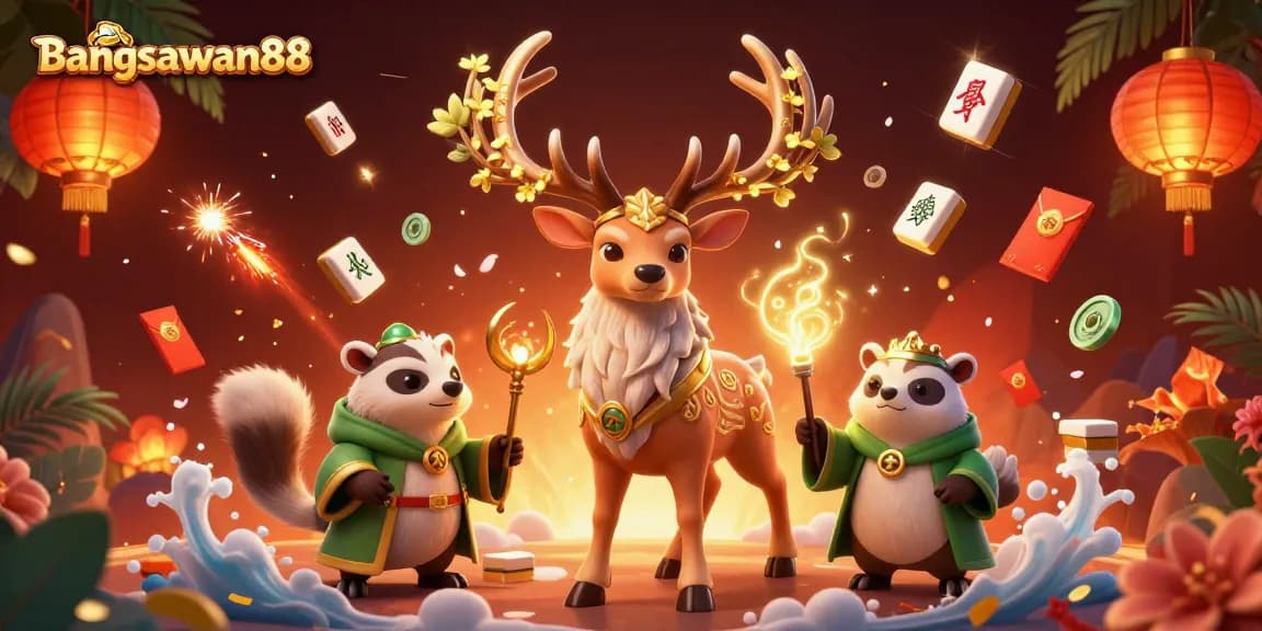Bangsawan88 showcases an engaging casino scene with animated characters, mahjong tiles, and festive elements.