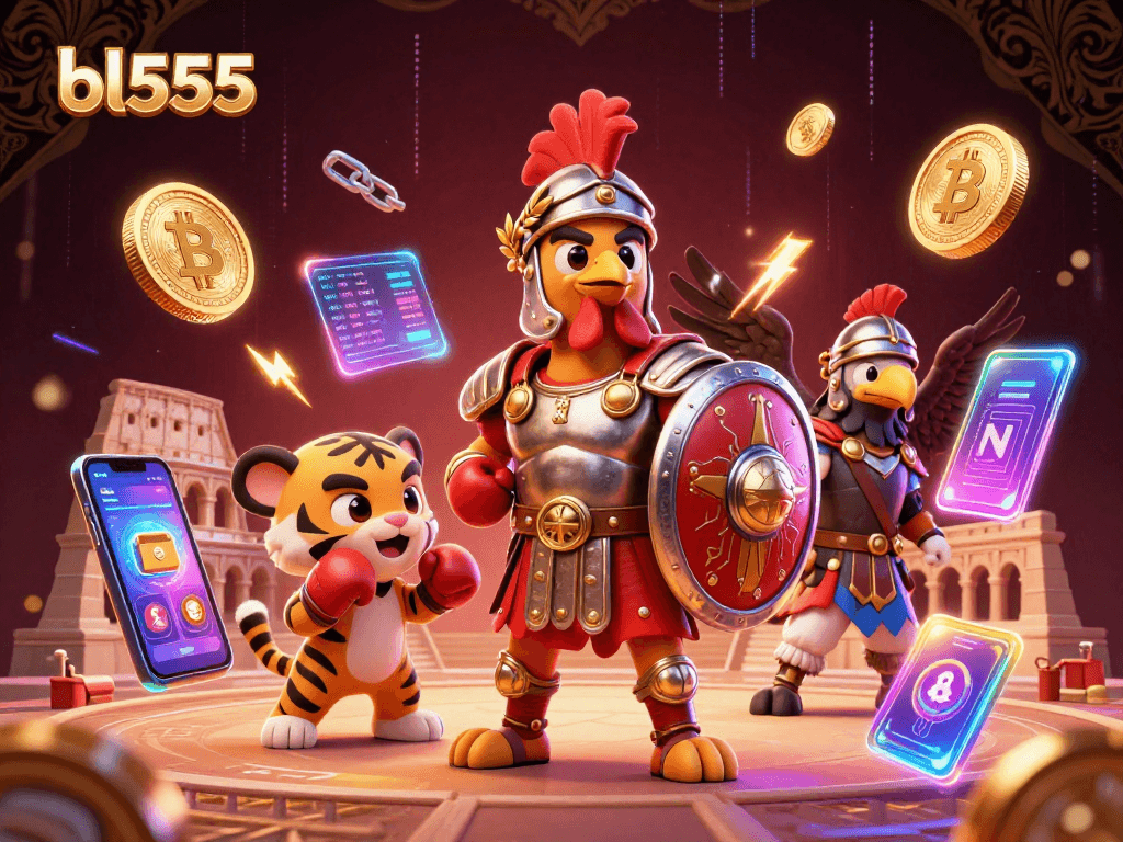 Try your luck with bl555 at this exciting 3D illustration of a cartoon gladiator rooster amidst digital gambling elements.