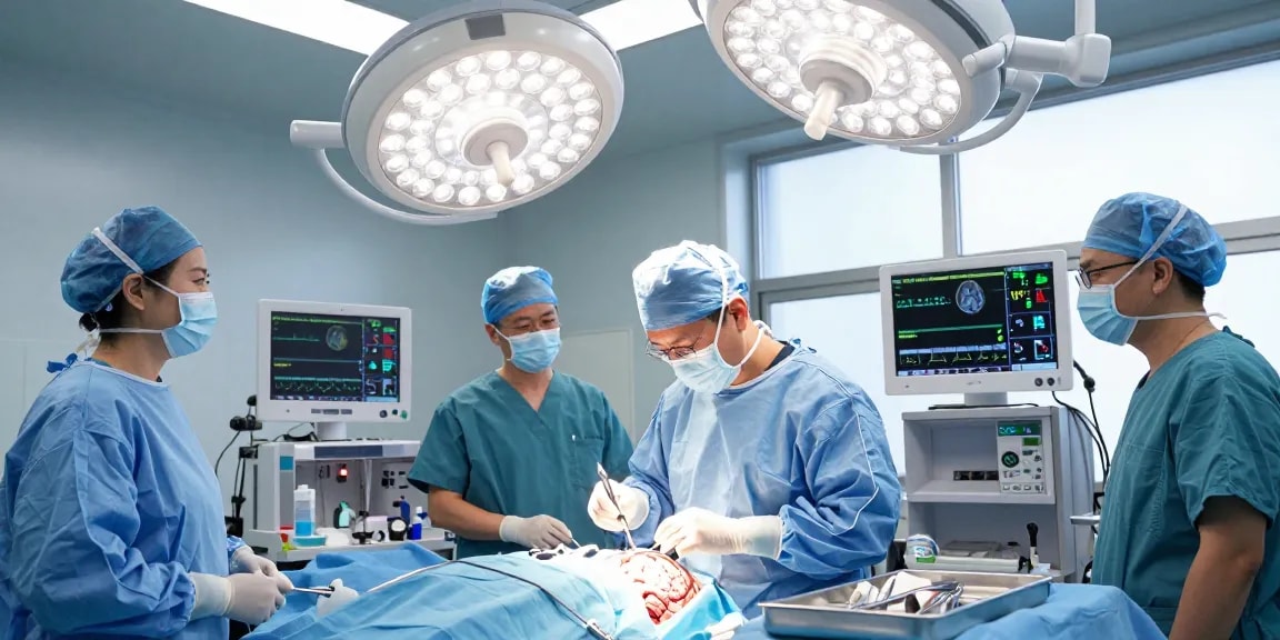 Beyin ameliyatı in a sterile hospital environment with a neurosurgeon performing surgery.