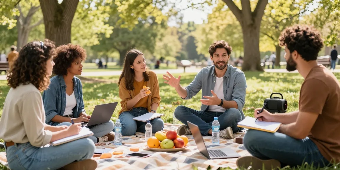 Motchill professionals collaborating outdoors in a casual spring meeting with laptops and notebooks