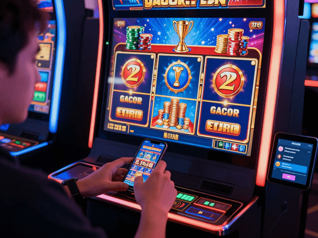 Player enjoying gacor slot games on smartphone in vibrant online casino environment