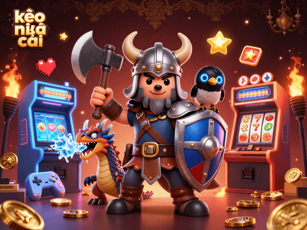 Engage with kèo nhà cái illustrated in a vibrant scene featuring a Viking wolf warrior, dragon, and dynamic casino elements.