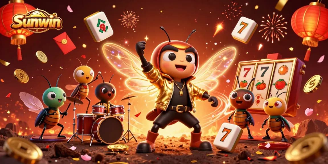 Experience the vibrant world of Sunwin with a 3D illustration featuring casino rock stars and lively game elements.
