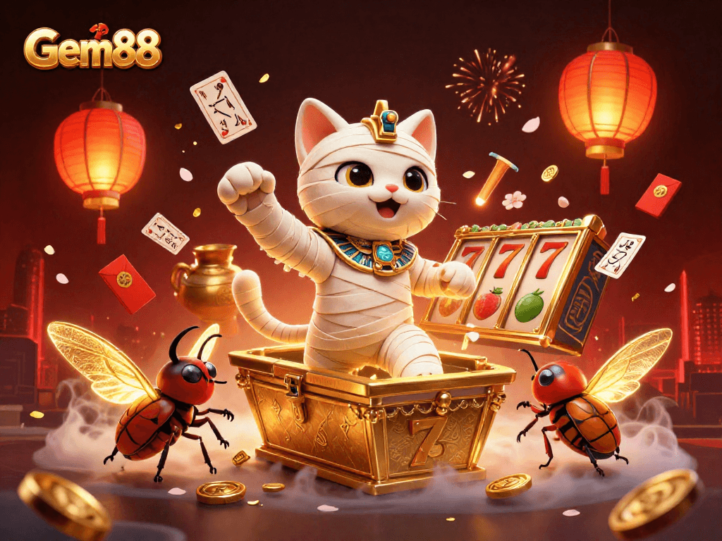 Engage with Gem88's exciting slots featuring an Egyptian mummy cat and rich casino elements.