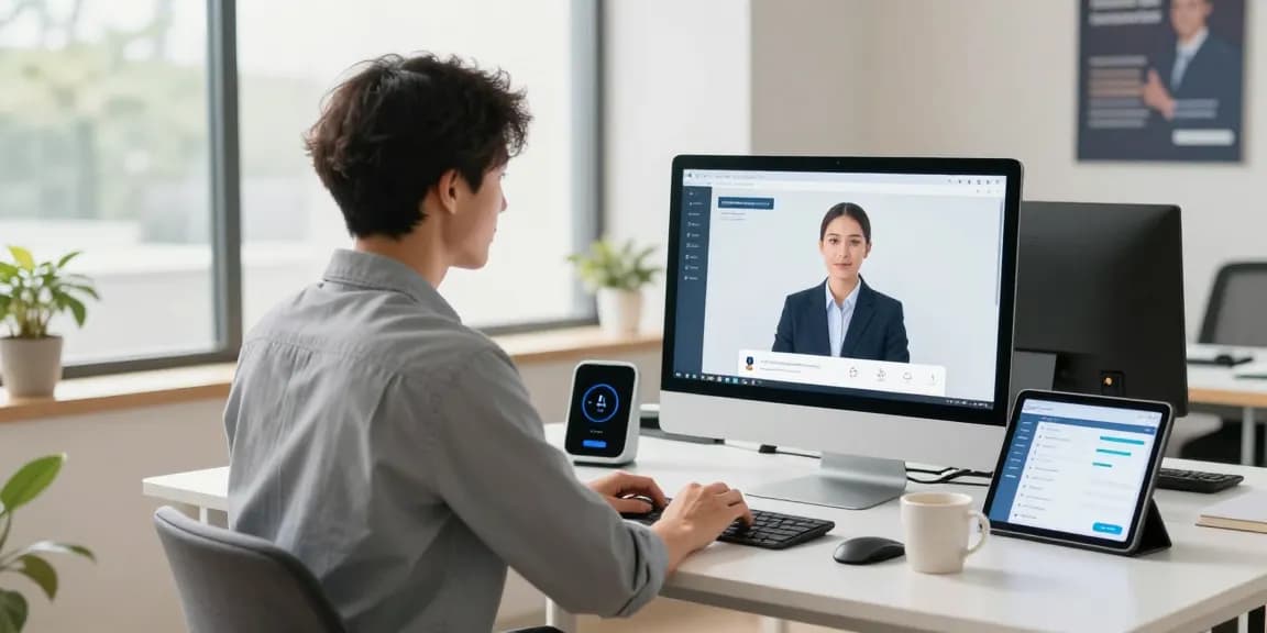 AI receptionist for small business managing calls and bookings in a modern office.