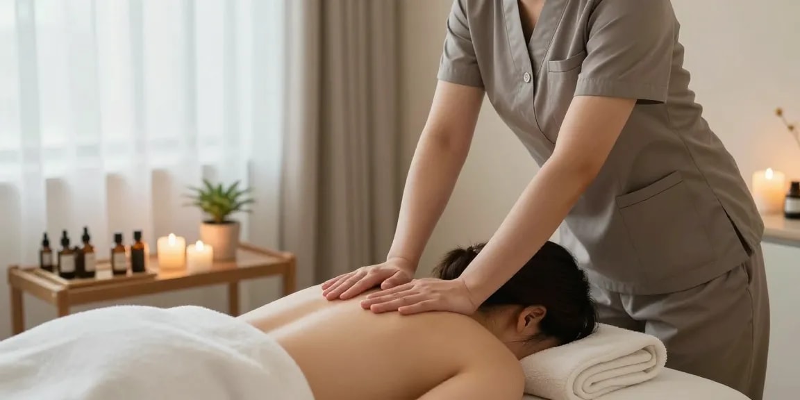 고양출장마사지 by a Korean therapist in a tranquil setting with soothing light.