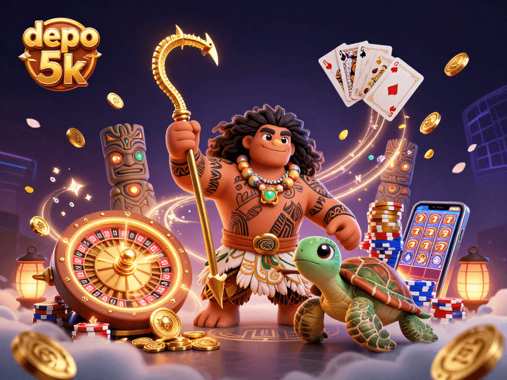 Spin to win with depo 5k, featuring a vibrant 3D scene of gaming elements and characters.