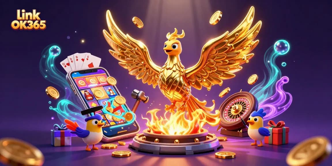 Experience the excitement at link OK365 with a vibrant casino-themed 3D scene of games and golden wins.