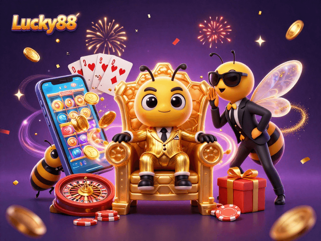 Experience the Lucky88 excitement with a vibrant casino scene featuring animated characters and games.