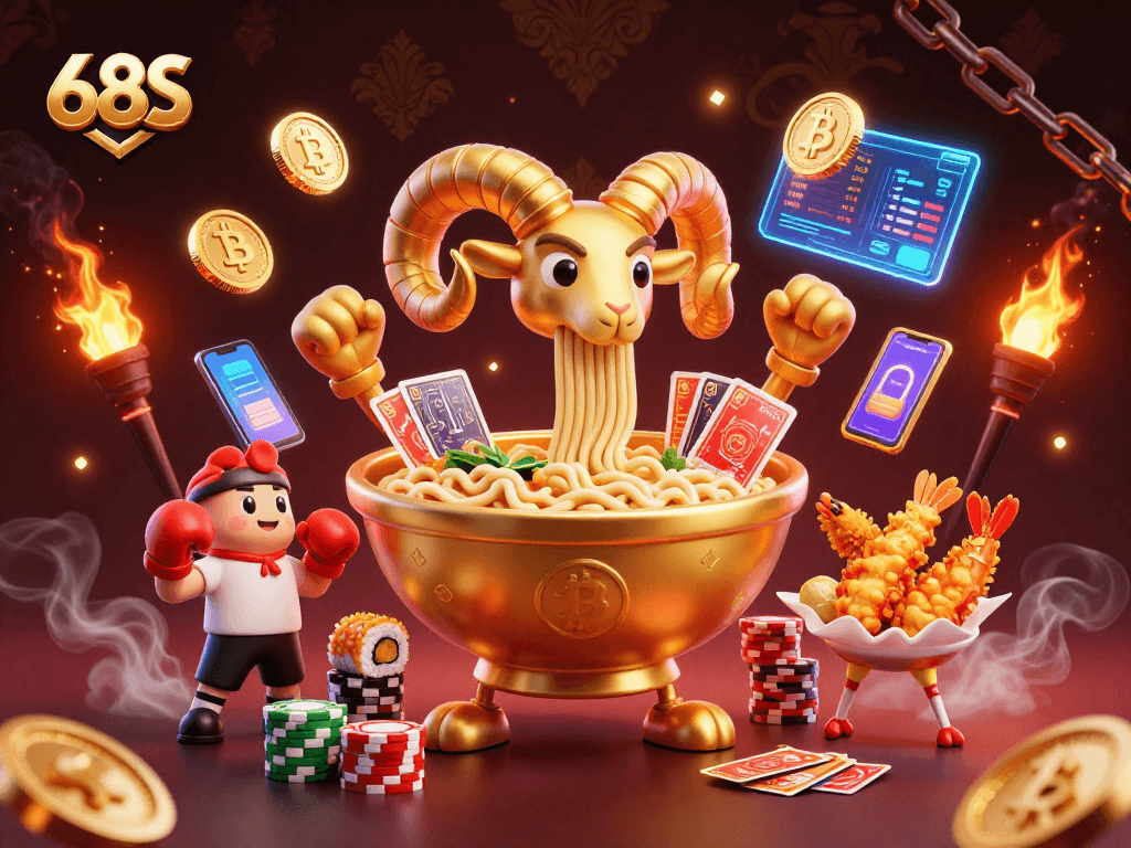 O 68S apresenta uma divertida cena de cassino com um ramen gigante, gyoza em luvas de boxe, e elementos de criptomoeda.