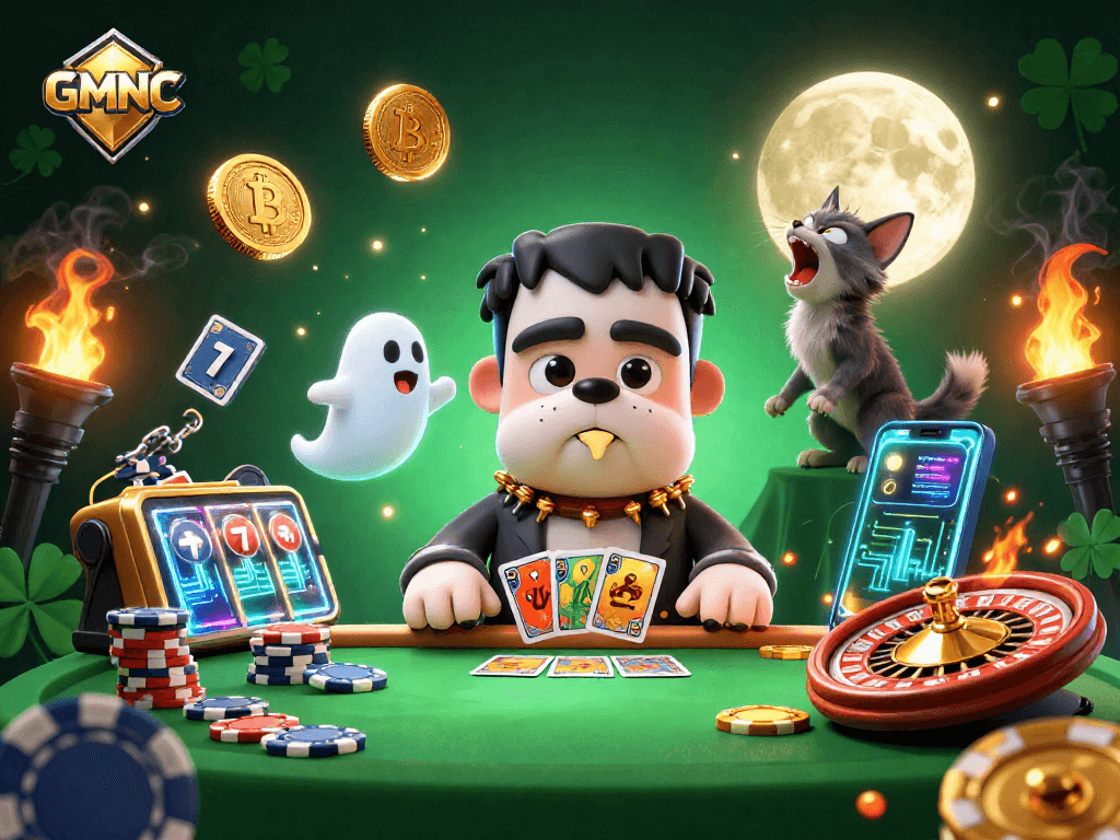 Experience GMNC with a lively, animated casino scene featuring a Frankenstein bulldog and crypto elements.