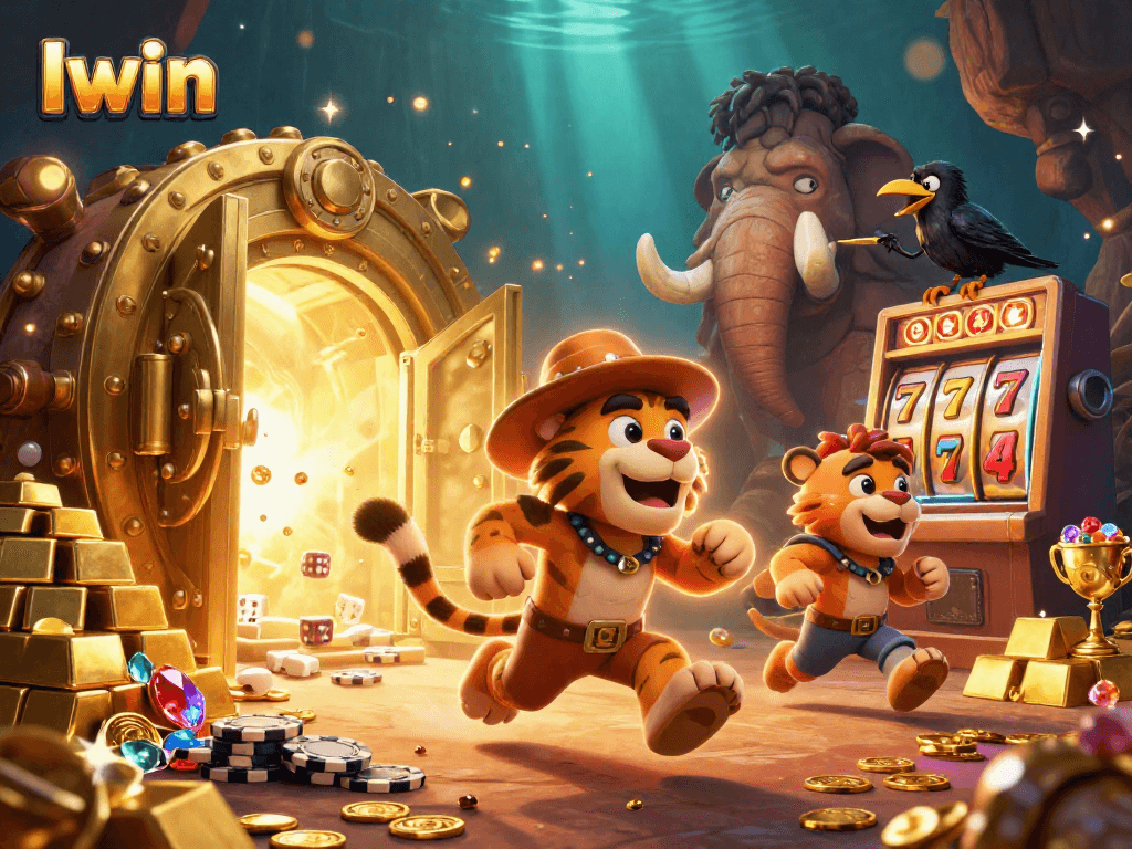 Iwin reveals excitement in a rich, animated casino scene with prehistoric characters and slot machines.