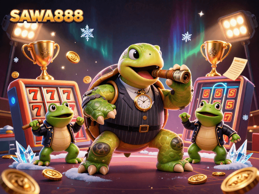 Experience exciting slot action with SAWA888's vibrant 3D casino scene featuring dynamic characters and animations.