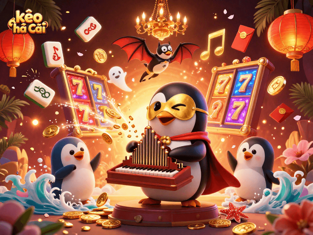 Experience exciting gameplay dynamics with kèo nhà cái, featuring a whimsical casino scene full of festive treasures.
