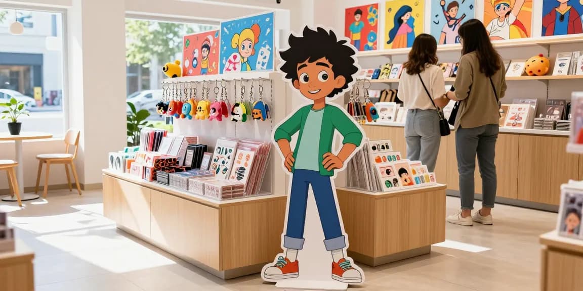Custom acrylic standee showcasing popular animated character in trendy retail shop with vibrant merchandise.