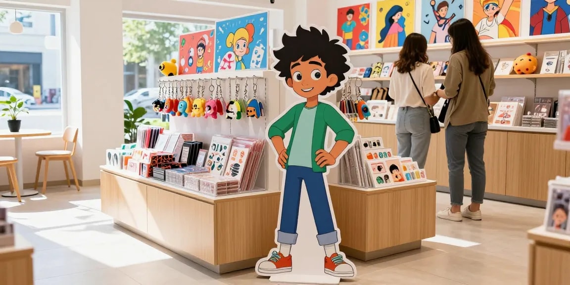 Custom acrylic standee showcasing popular animated character in trendy retail shop with vibrant merchandise.