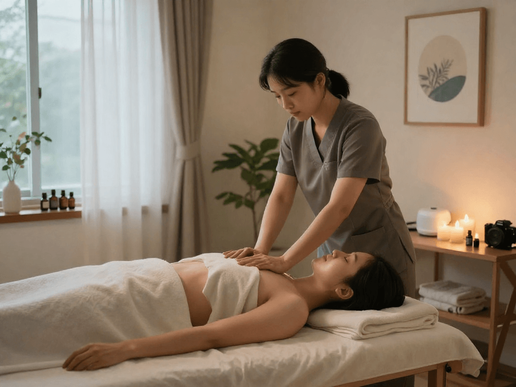 Relaxing 판교출장마사지 service in a serene home environment with soothing decorations and calming light.