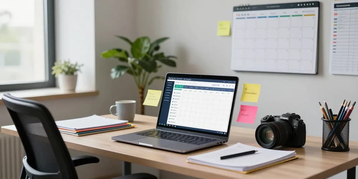 Efficient office workspace featuring rtischeduler software on laptop, showcasing productivity.