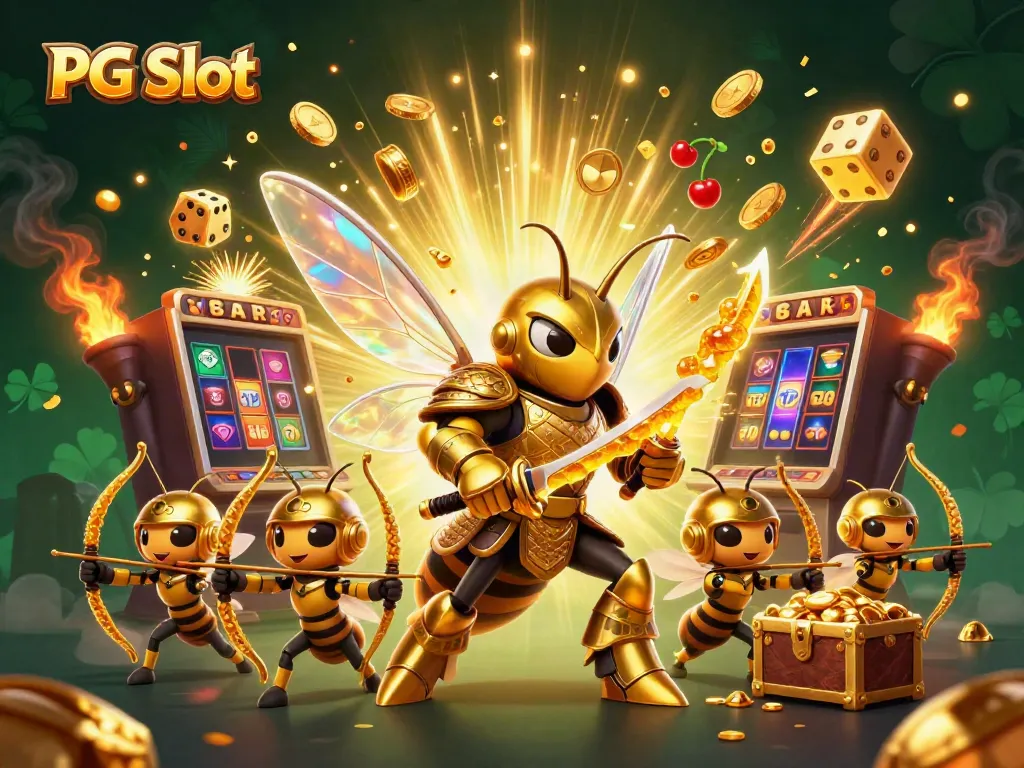 Engage with PG Slot features amidst a vibrant casino scene illustrating golden hornet and slot machines.
