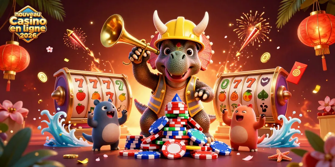 Célébrez le nouveau casino en ligne 2026 avec un triceratops construisant des jetons de poker entourés de lanternes et de feux d'artifice.