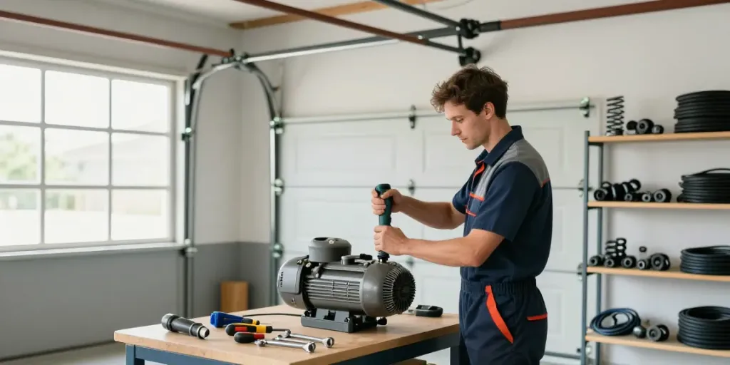 Technician performing garage door motor repair in a well-organized garage.