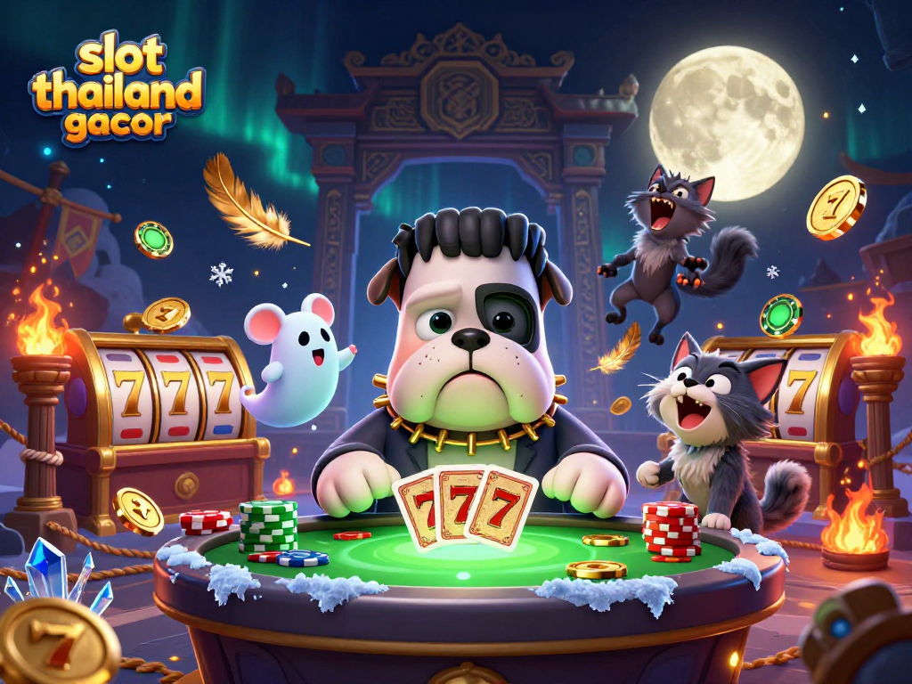 Engage with slot thailand gacor as a Frankenstein bulldog deals cards at a haunted casino table.