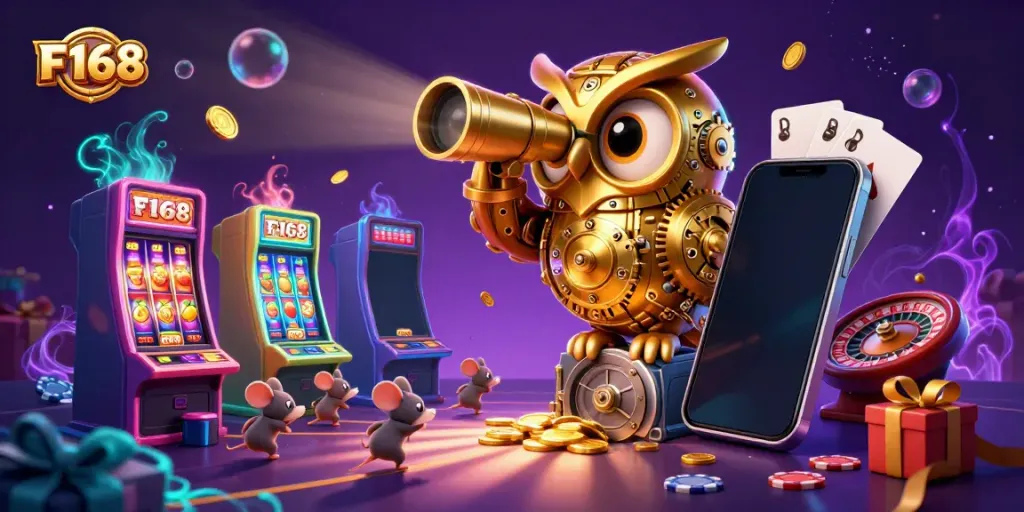 Experience F168 with a vibrant 3D casino scene featuring golden owl and slot machines.