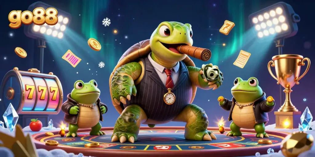 Experience the excitement of go88 with dynamic slot reels and casino-themed characters in a vibrant 3D illustration.