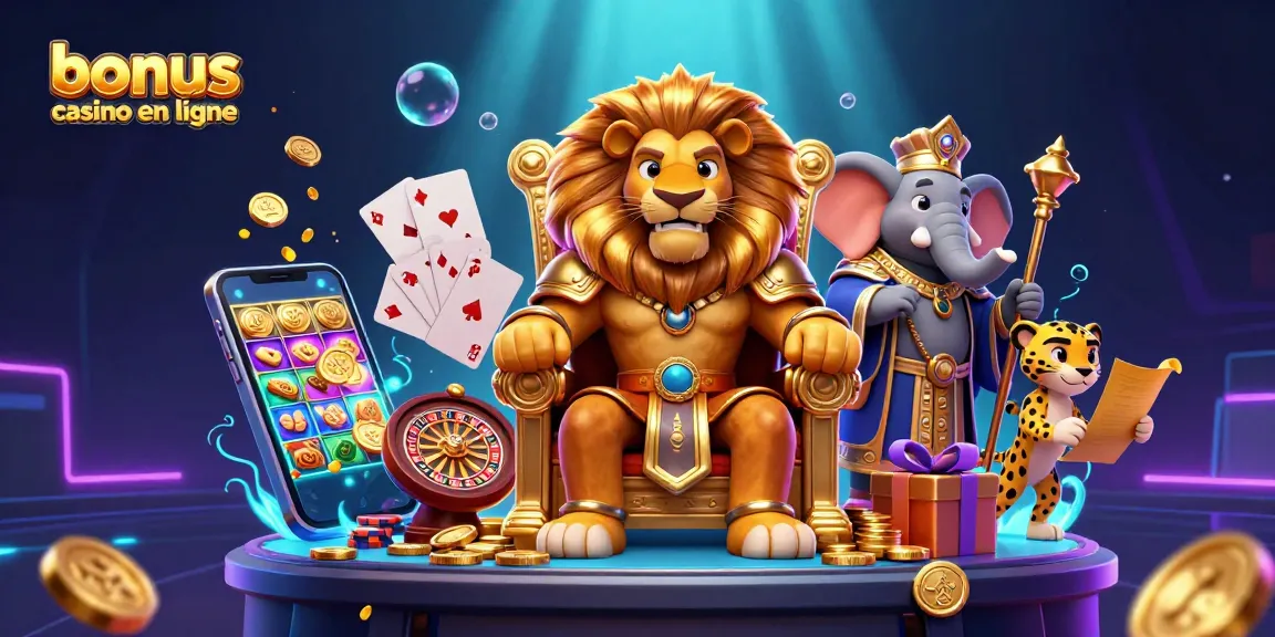 Profitez du bonus casino en ligne avec le roi lion, l'éléphant sage et le guépard messager dans une scène dynamique.