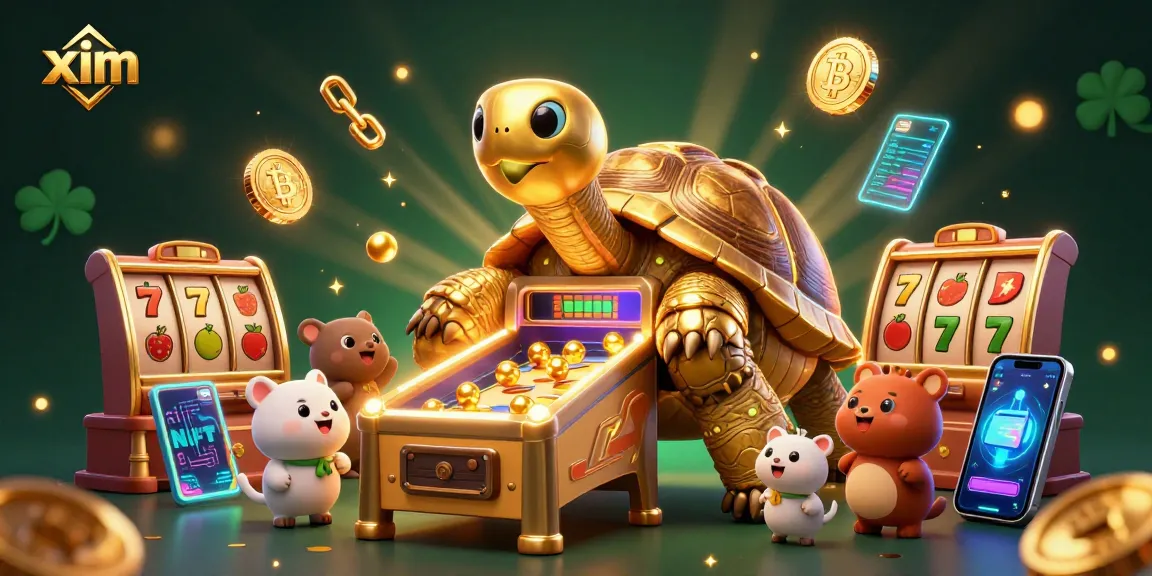 Experience thrilling casino action with xim as golden tortoise characters roll slot reels and crypto coins.