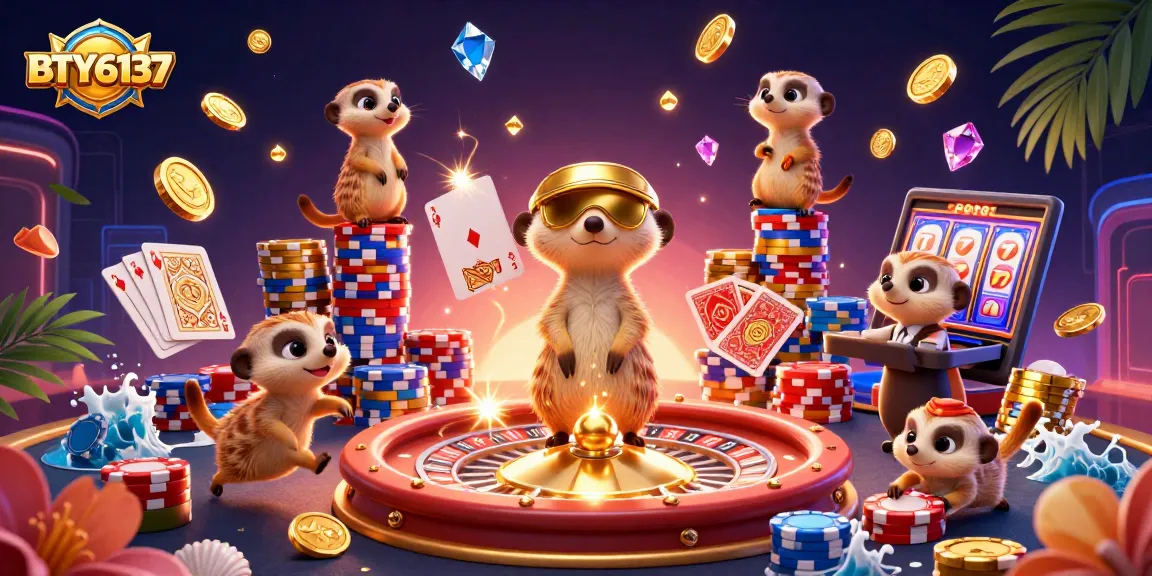 BTY6137 meerkats thrive in a vibrant casino scene, showcasing card games and jackpot excitement.