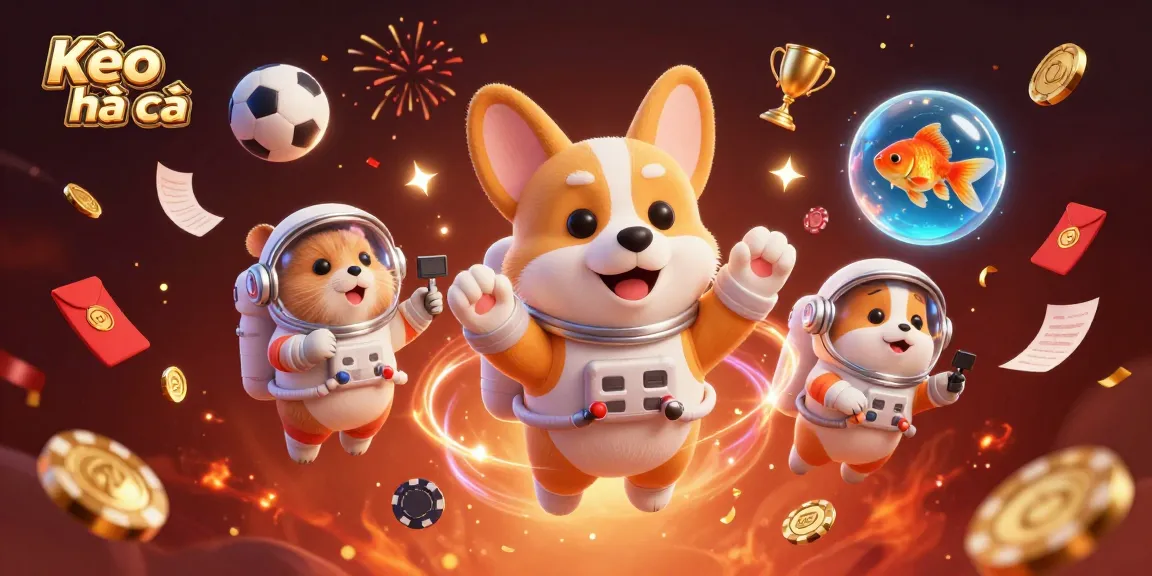 Kèo nhà cái offers dynamic sports betting visuals with coins, trophies, and soccer elements.