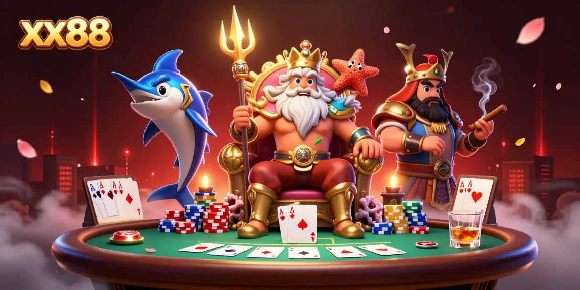 Experience thrilling poker action at xx88 with Neptune and friends amidst a vibrant casino atmosphere.