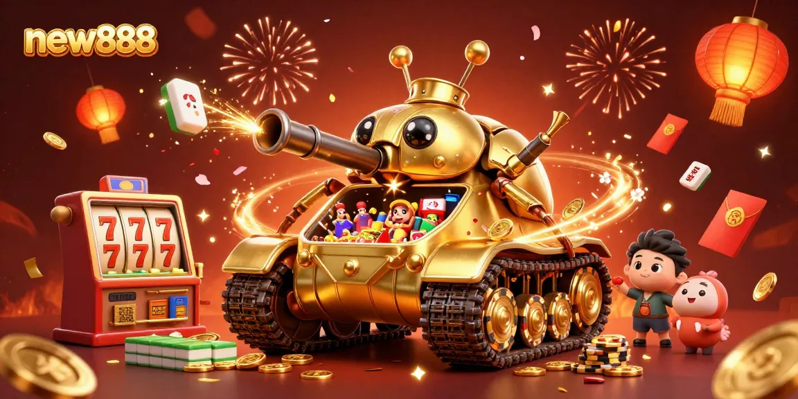 Experience the excitement of new888 with a vibrant casino scene featuring dynamic slot games and festive elements.