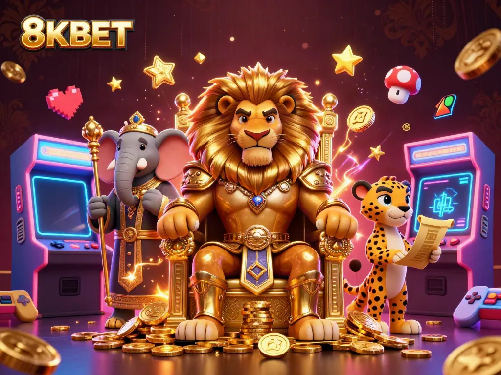 Engage in thrilling gaming at 8KBET with a vibrant 3D scene of characters and arcade games.