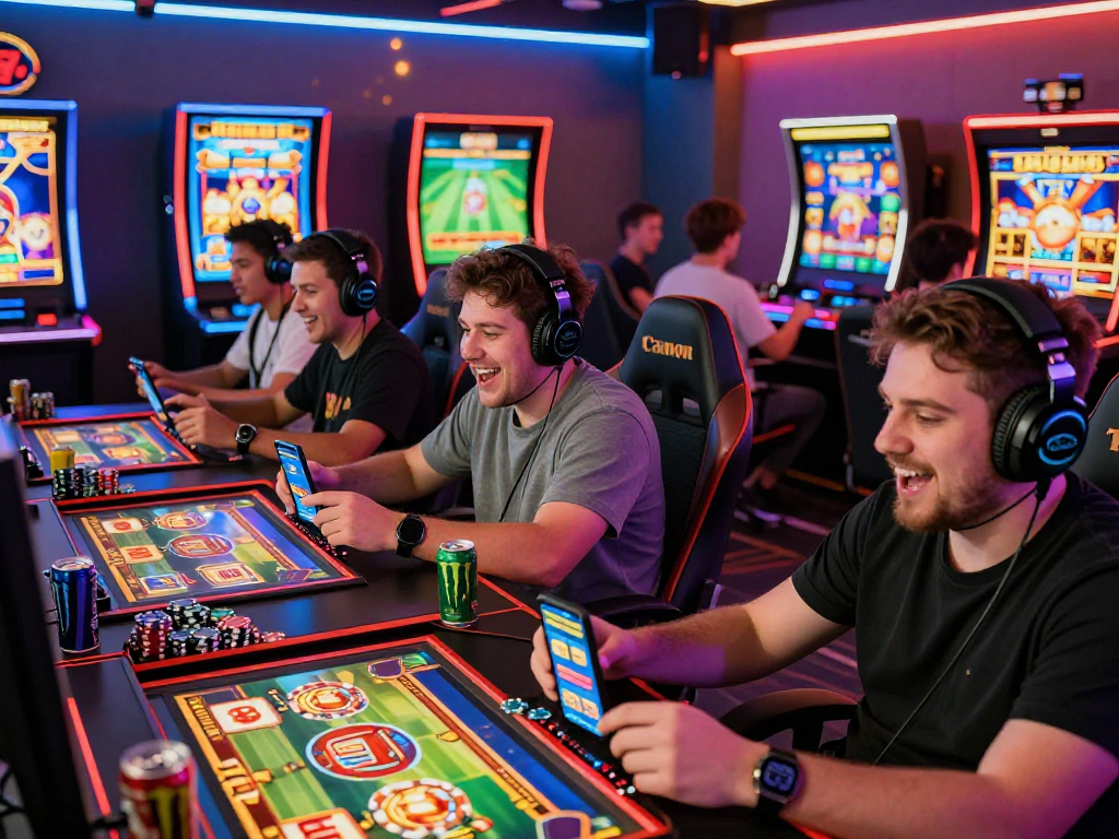 Thrilling gaming scene featuring players using RAJA328 for exciting online slots and sports betting.