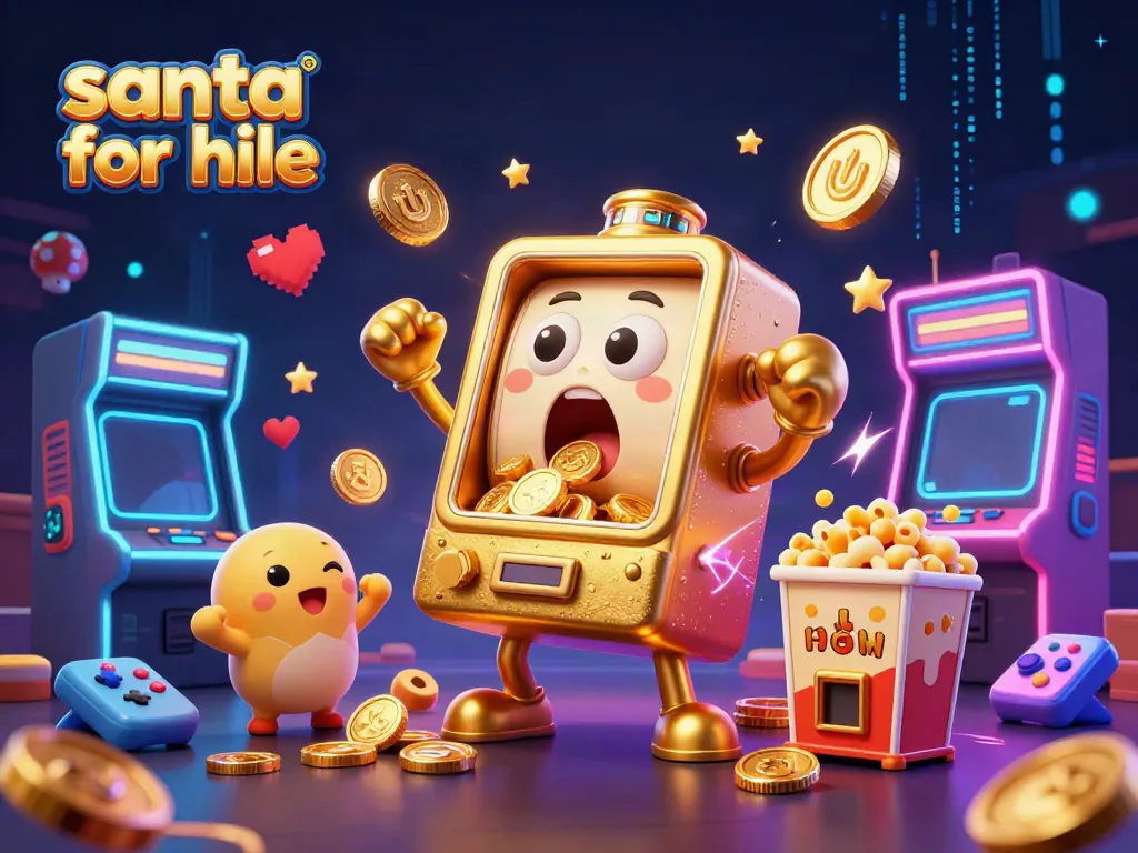 Santa for hire showcases a vibrant 3D slot machine scene hitting a jackpot, surrounded by dynamic gaming elements.