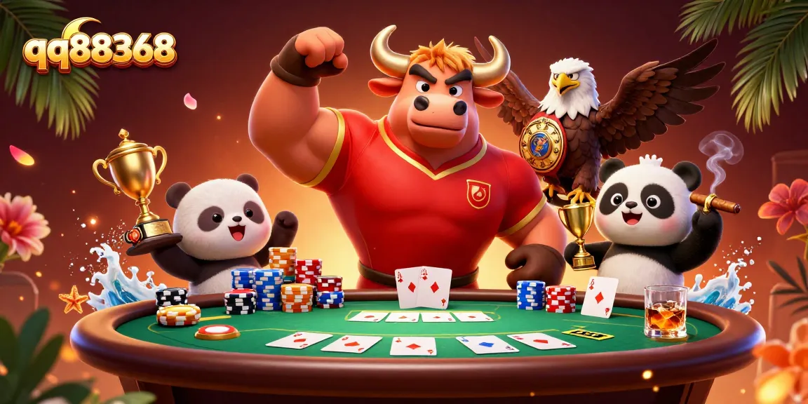 Experience the excitement of qq88368 with a dynamic casino scene featuring winning mascots and vibrant elements.