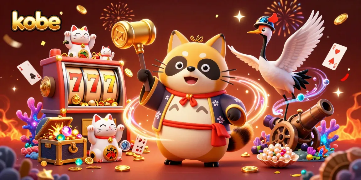 Engage with kobe's vibrant 3D casino scene featuring lucky tanuki and festive elements.