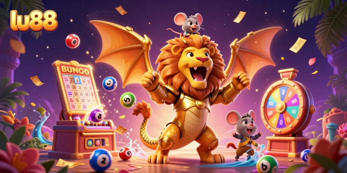 Experience thrilling gameplay with lu88, featuring a roaring chimera, vibrant lottery balls, and golden prizes.