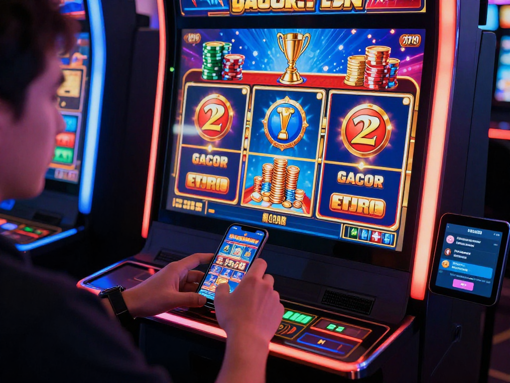 Player enjoying gacor slot games on smartphone in vibrant online casino environment