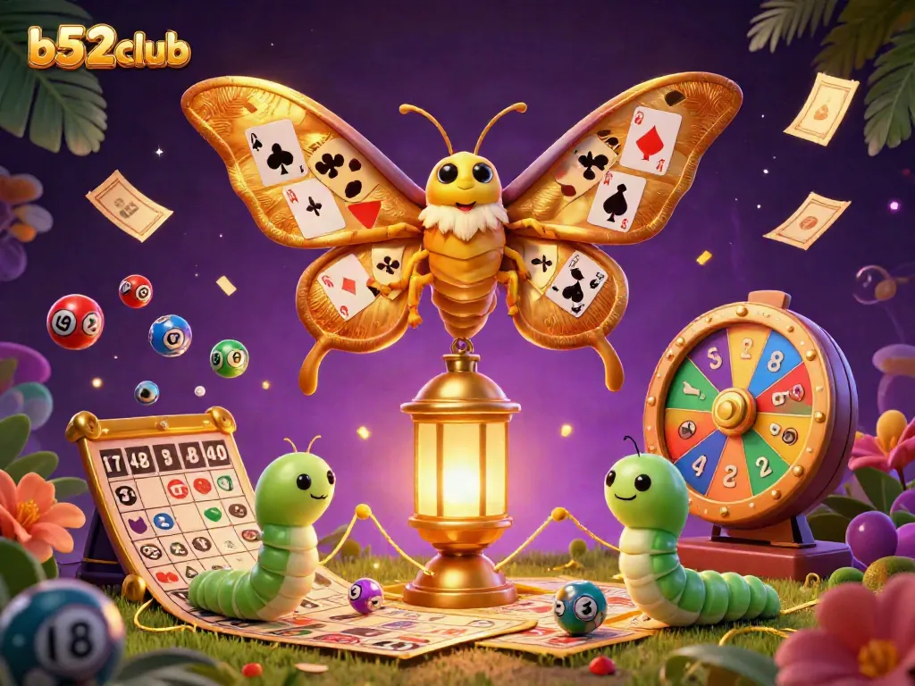 Engage in thrilling casino gameplay with the b52club, showcasing a vibrant, animated moth and dynamic gaming elements.