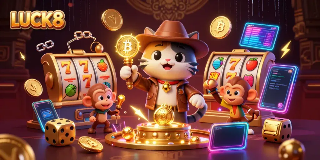 Experience LUCK8's thrilling casino world with an archaeologist cat uncovering jackpot treasures.