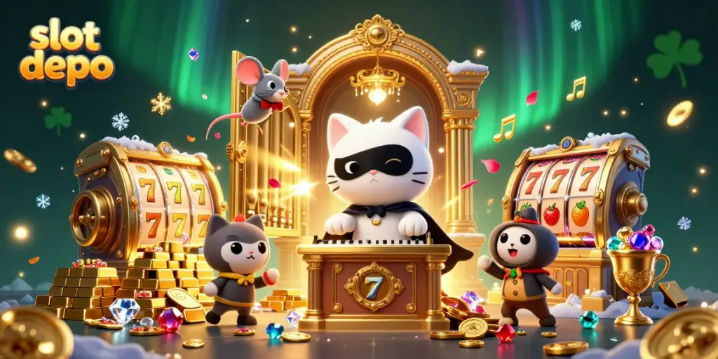 Experience the thrill of slot depo with vibrant illustrations of casino treasures, lucky symbols, and dynamic characters.