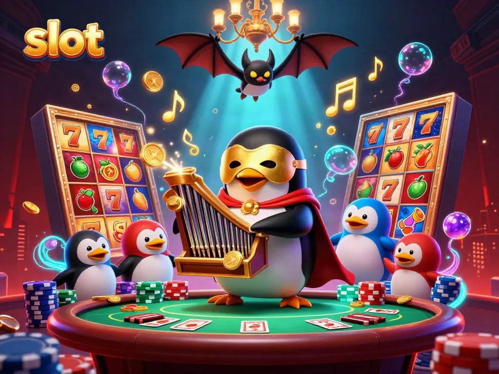 Engaging slot theme illustration featuring a 3D cartoon penguin playing an organ with gold coins, lucky 7s, and vibrant gaming elements.