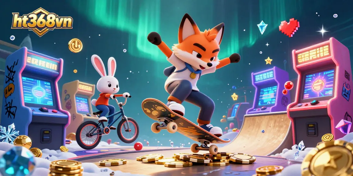 ht368vn sparks excitement with dynamic gaming scenes featuring a skateboarder fox and BMX rabbit.