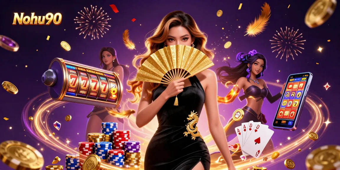 Nohu90 showcases an enchanting jackpot scene with a stunning Asian woman amidst golden coins and slot machine excitement.