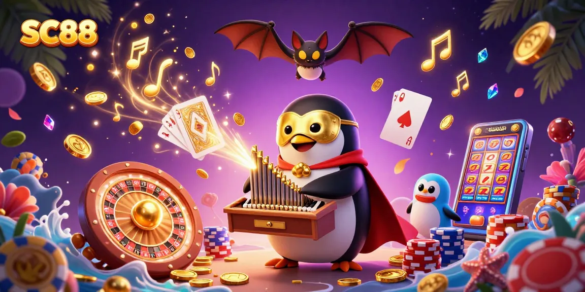 Experience the excitement of SC88 with a vibrant illustration of a penguin playing an organ that releases golden coins, embodying casino fun.